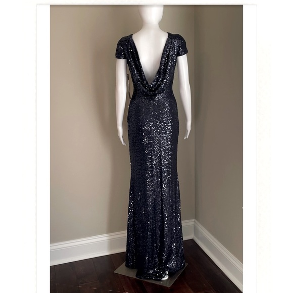 Badgley Mischka Navy Cap-Sleeve Sequin Drape Back Gown - Picture 5 of 11